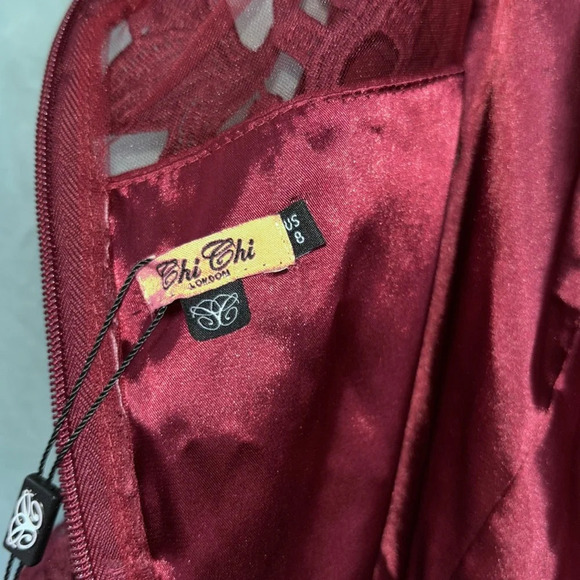 NWT Chi Chi London Bardot Neck Lace Crochet Design Midi Dress in Dark Red Sz 8 - Picture 5 of 8